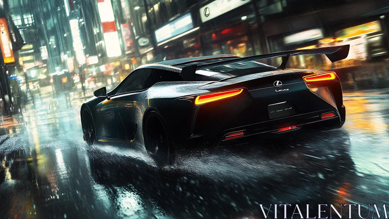 Lexus LFA rear-quarter sprint in neon-lit rain-soaked avenue.