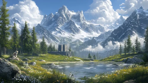 Sunlit alpine lake reflects a solitary fortress amid peaks