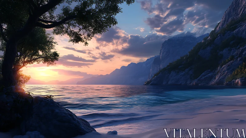 Serene coastal sunset with calm sea and distant cliffs.