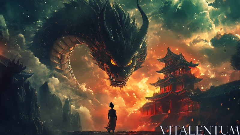 Dragon guardian engulfs burning temple in stormfire sky.