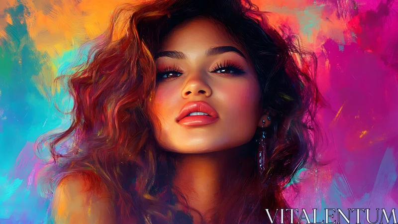 Vibrant digital portrait of woman against neon abstract field.