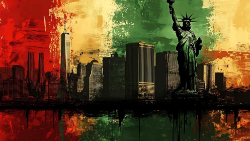 Statue of Liberty cityscape over tricolor abstract backdrop.
