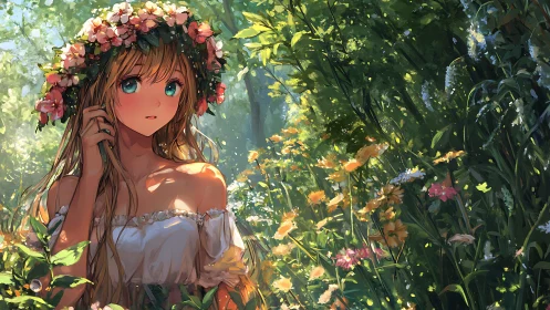 Anime girl with flower crown standing in bright forest garden.