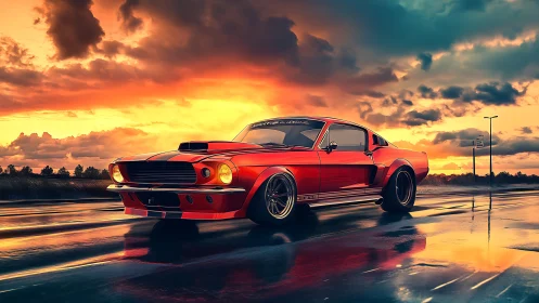 Red muscle car on wet road under vivid sunset sky.