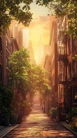 Sunlit cobblestone alley leads toward glowing city skyline.
