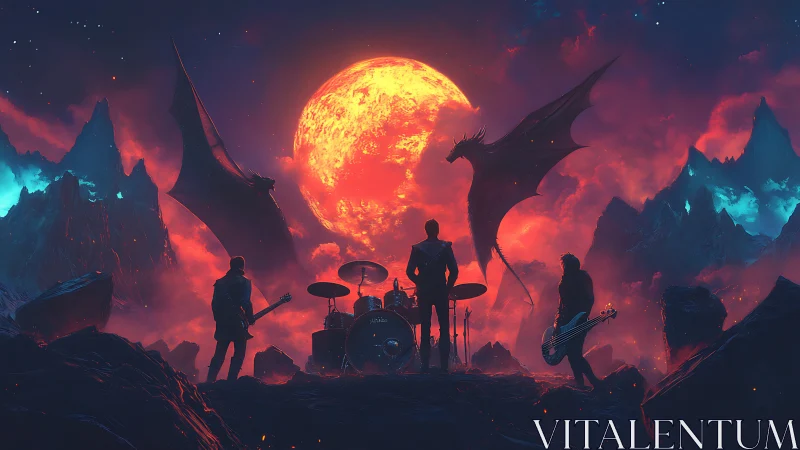 Metal band silhouette under blood moon with dragons.