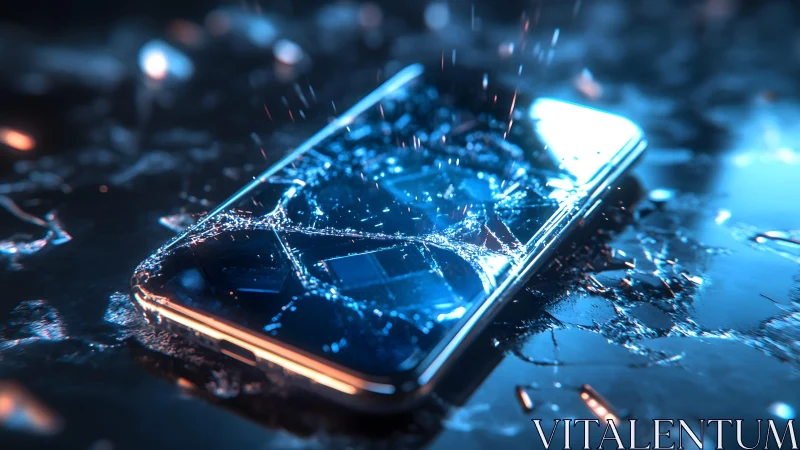 Shattered Smartphone on Wet Surface in Dramatic Lighting.