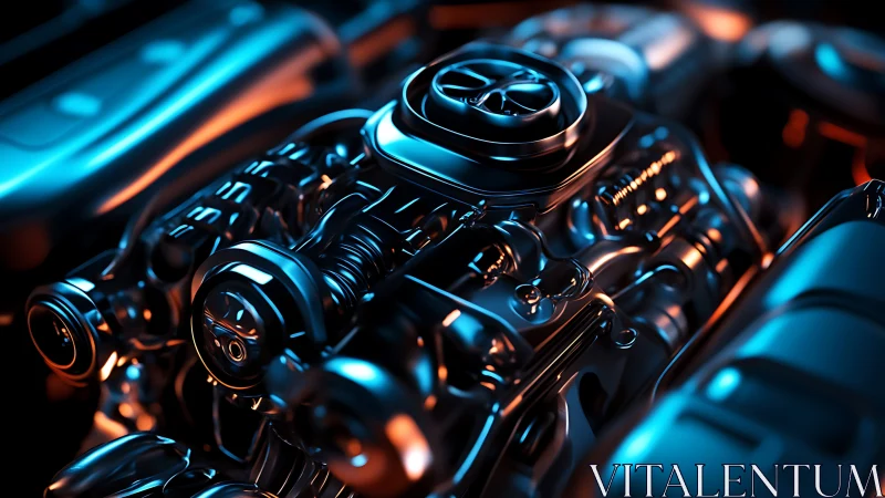 Chromed performance engine under neon rim lighting detail.