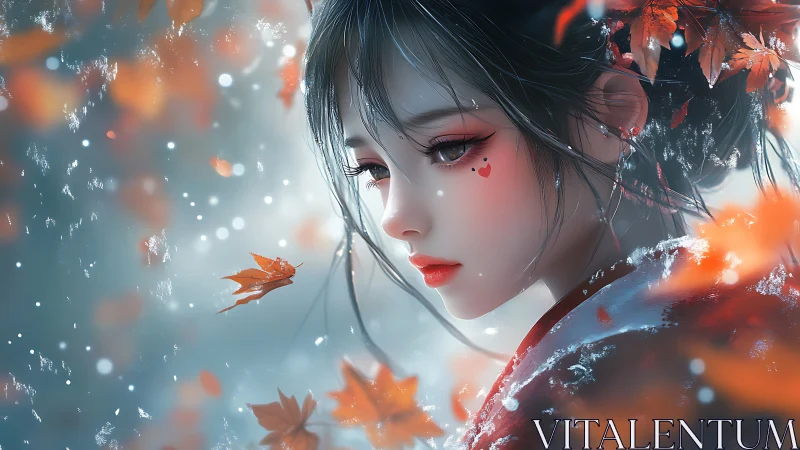 Autumn girl’s quiet gaze amid drifting leaves and snow.