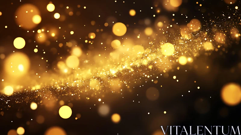 Abstract golden glitter bokeh lights swirl on dark background.