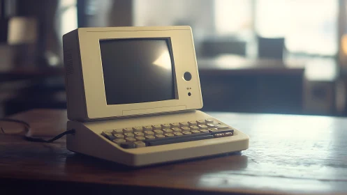 Vintage beige desktop terminal rests on wooden studio desk