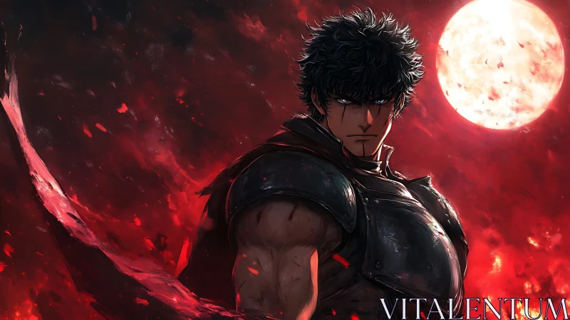 Brooding swordsman stands fierce beneath a blazing red moon.