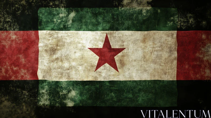 Weathered tricolor flag with central red star rendered in grunge