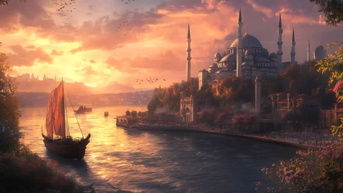 Sunlit sails drifting past a golden riverside cityscape.