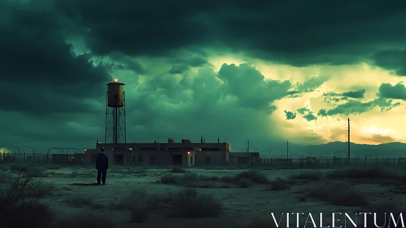 Storm-lit desert compound beneath looming green clouds.