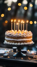 Layered birthday cake with lit candles against bokeh backdrop
