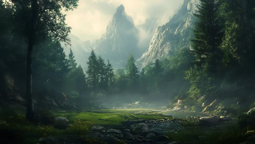 Emerald Valley Between Towering Alpine Peaks.