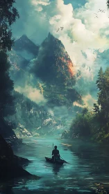 Lone canoeist crosses misty river beneath blazing peaks.