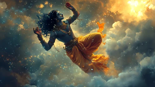 Digital painting of celestial deity in luminous cloudscape composition.