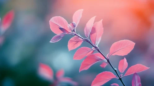 Iridescent coral leaves against dreamy bokeh sky.