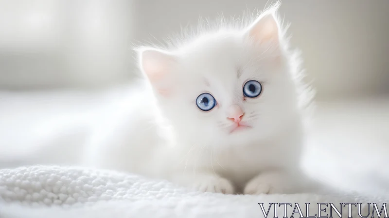 White Kitten with Blue Eyes on Soft White Fabric.