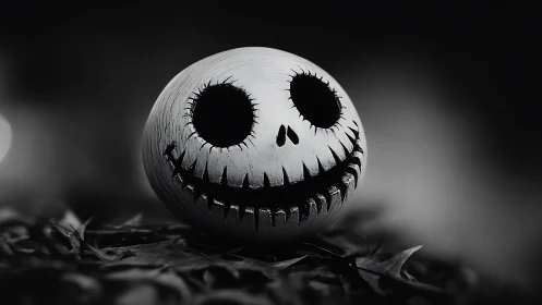 Monochrome carved skull sphere with cinematic shallow focus.