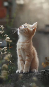 Orange and White Kitten Looking Upward in Garden Setting.