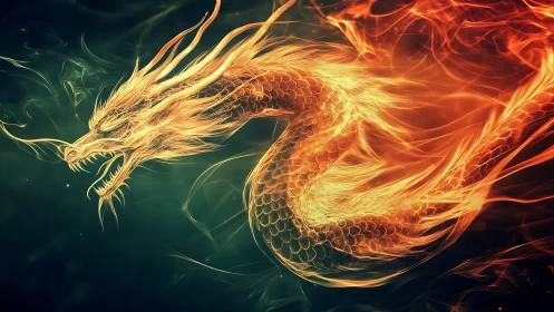 Fiery spectral dragon coils through dark atmospheric void