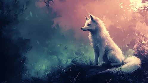 White fox on forest floor under diffuse colored light.