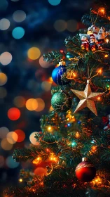 Glowing Christmas tree ornaments in colorful holiday bokeh.