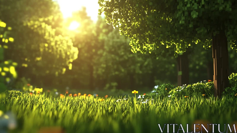 Voxel sunrise meadow hums under blocky forest canopy.