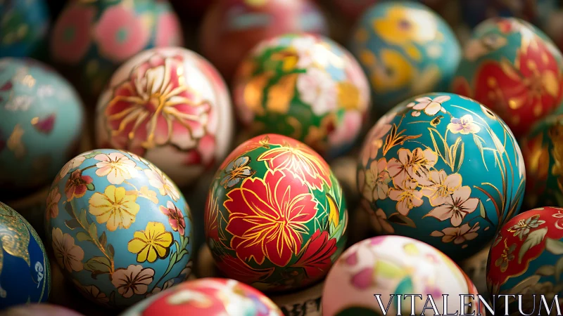Hand-painted floral Easter eggs arranged in colorful clusters