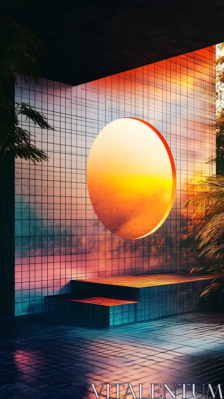 Glowing sunset portal warms a quiet tiled courtyard.