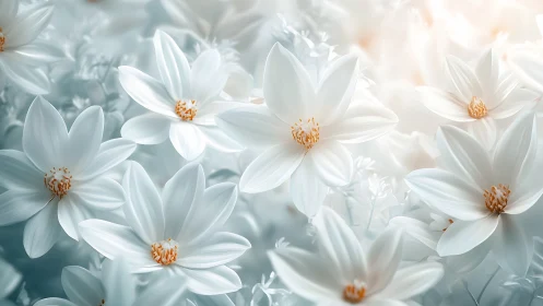White Cosmos Flowers With Golden Stamens in Soft Focus