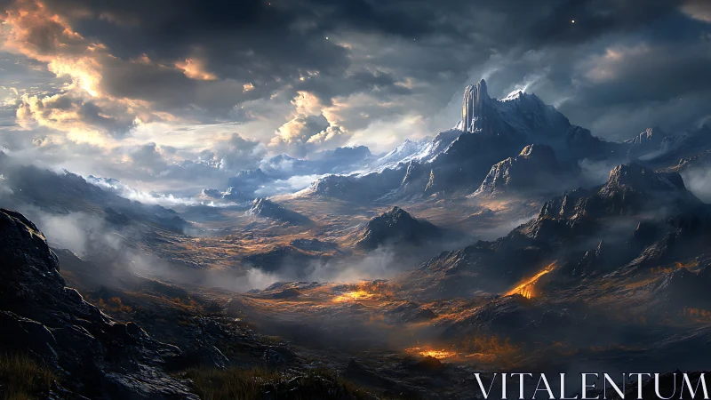 Volcanic mountain landscape under dense storm cloud cover.