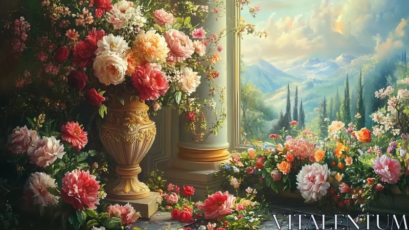 Ornamental Urn with Floral Arrangement in Neoclassical Interior Setting