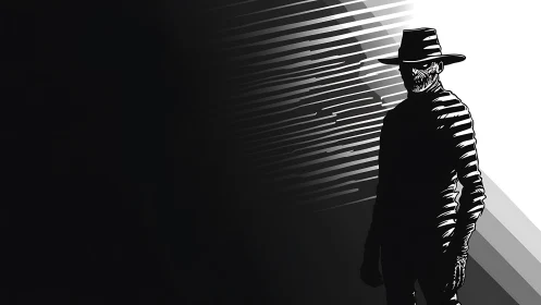 Shadow-slashed drifter stalks the razor edge of light and dark.