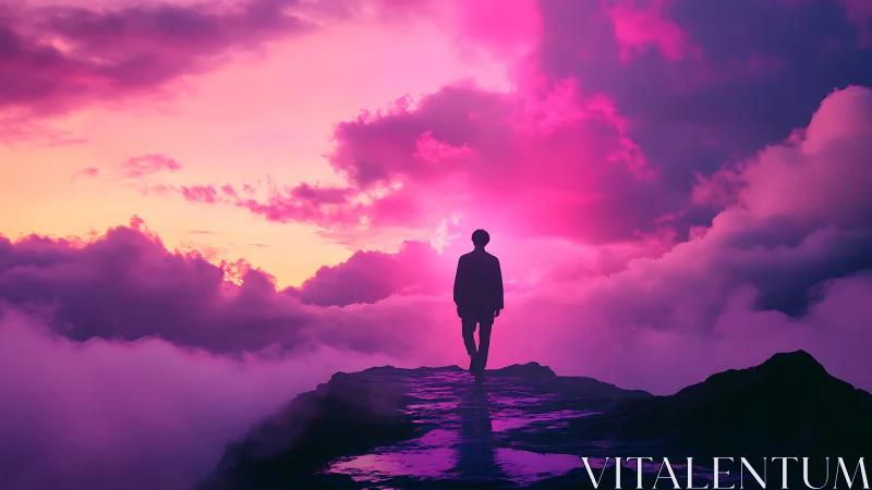 Silhouette on cliff against pink and purple clouded sky.