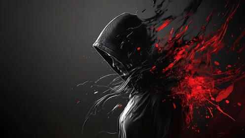 Hooded figure rendered in profile with abstract red splashes