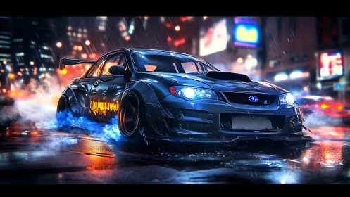 Night drift sprint through neon soaked city rain streets.