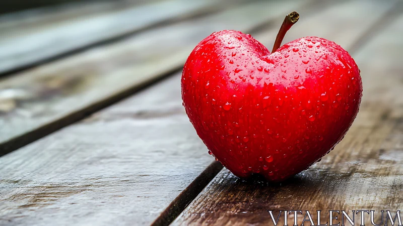 Red apple with water droplets on weathered wooden surface.