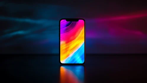 Smartphone displaying vibrant diagonal gradient wallpaper on dark background