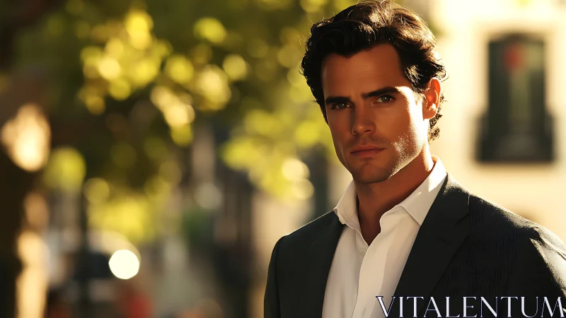 Sunlit city stroll with a thoughtful, suited stranger.