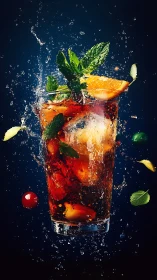 Dynamic Beverage Splash: Cocktail Against Midnight Blue Background.