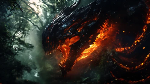 Molten shadow dragon bursts from a misted jungle abyss