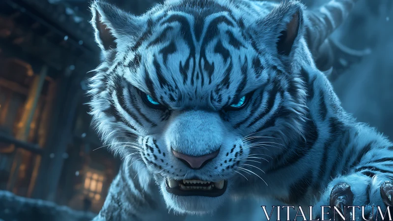 White tiger with blue eyes in focused winter prowl.