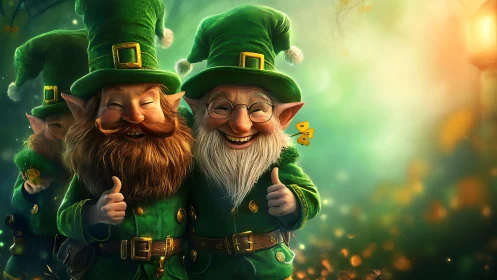 Joyful leprechaun friends share thumbs up in glowing forest