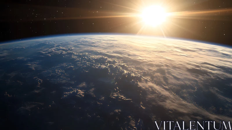 Photorealistic orbital view of sunrise over Earth horizon.