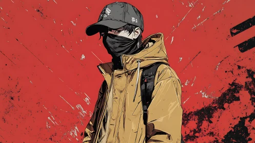 Hooded masked figure in yellow jacket stands before red wall