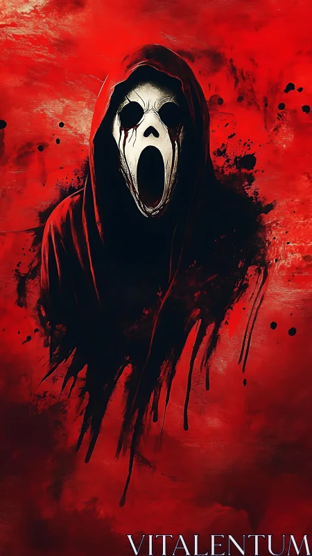 Hooded spectral scream on blood-red abstract field.